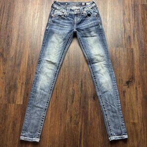 Miss Me Mid Rise Cuffed Skinny Jeans Cross Embroidered Medium Wash Size 24